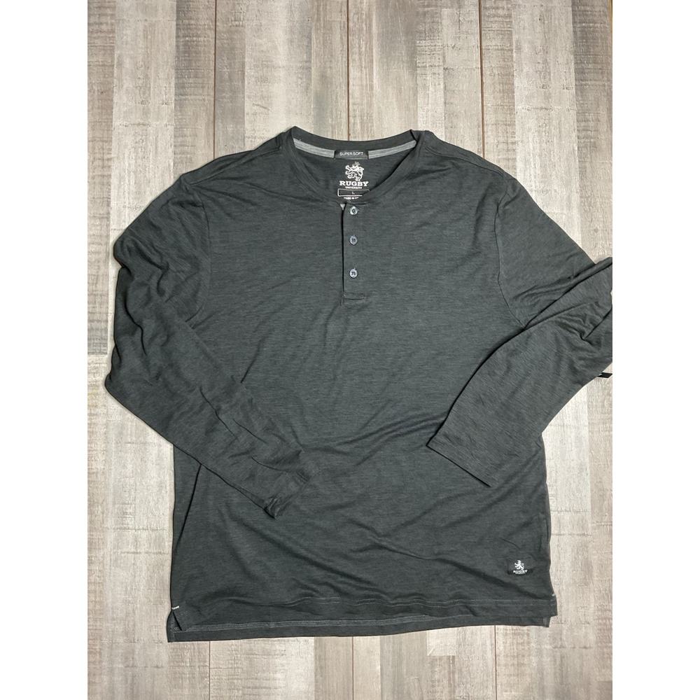 Rugby University Men's Large Henley Long Sleeve Shirt Charcoal Gray Super Soft